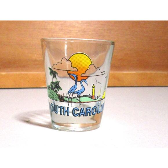 Clear Shot Glass South Carolina Lighthouse Pelicans Palm Trees Beach 2 Ounces - Picture 1 of 3